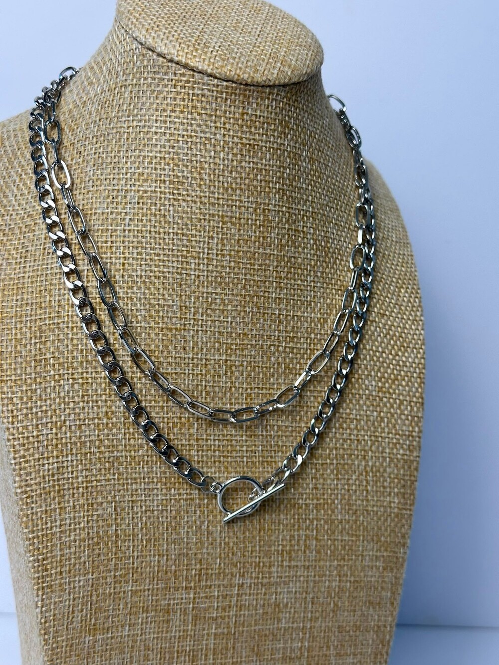Silver Toned Layered Double Chain Necklace Paperclip Link Toggle Clasp Adjustabl - Picture 2 of 5
